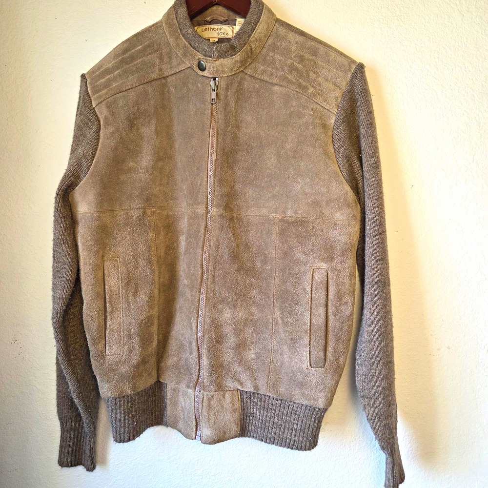 Vintage 80s Anthony Foxx Suede Leather Bomber Jacket Men's M Knit Beige Tan